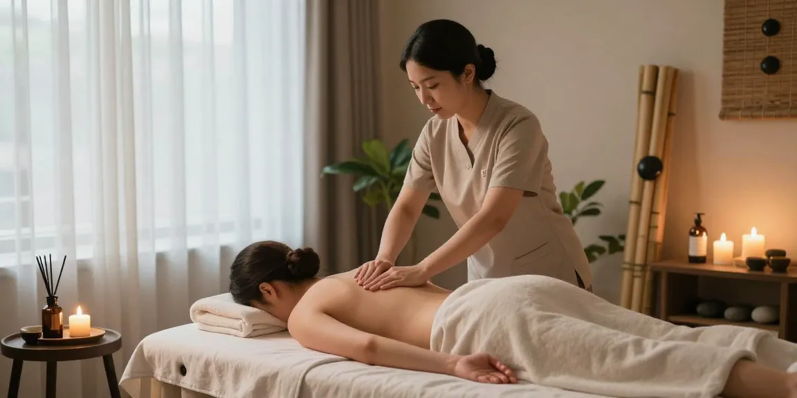 마사지 치료를 받고 있는 손님과 편안한 분위기의 마사지 공간