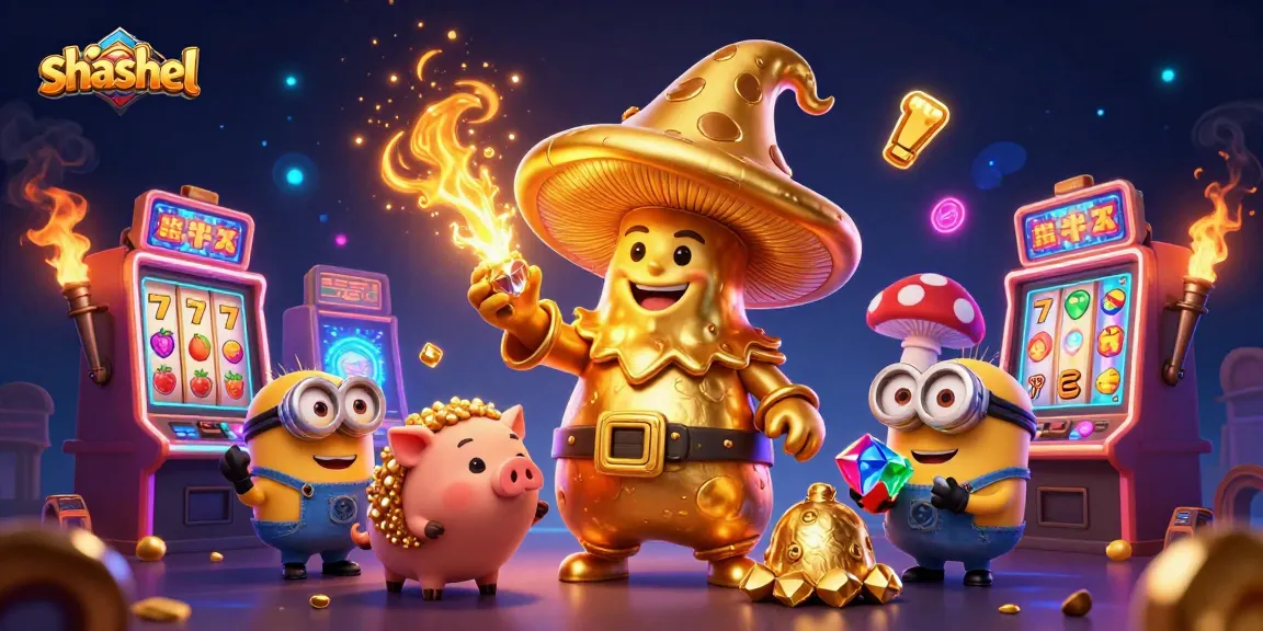 Engage with shashel's thrilling slot machines and magical characters in this vibrant 3D illustration.