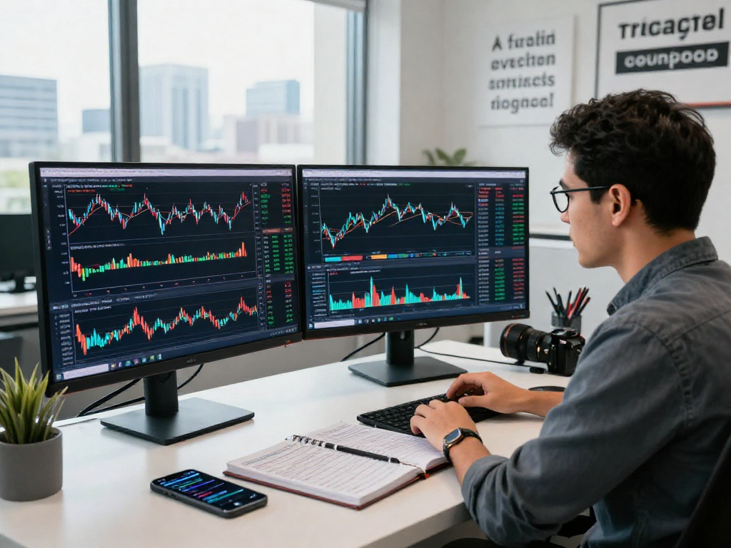 使用TradingView进行实时行情分析的交易员，现代办公室环境中实时观察股票、外汇和加密货币数据。