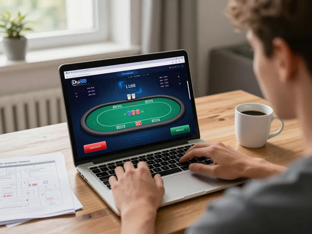 Player using Lu88 online casino interface on laptop in a cozy home setting.