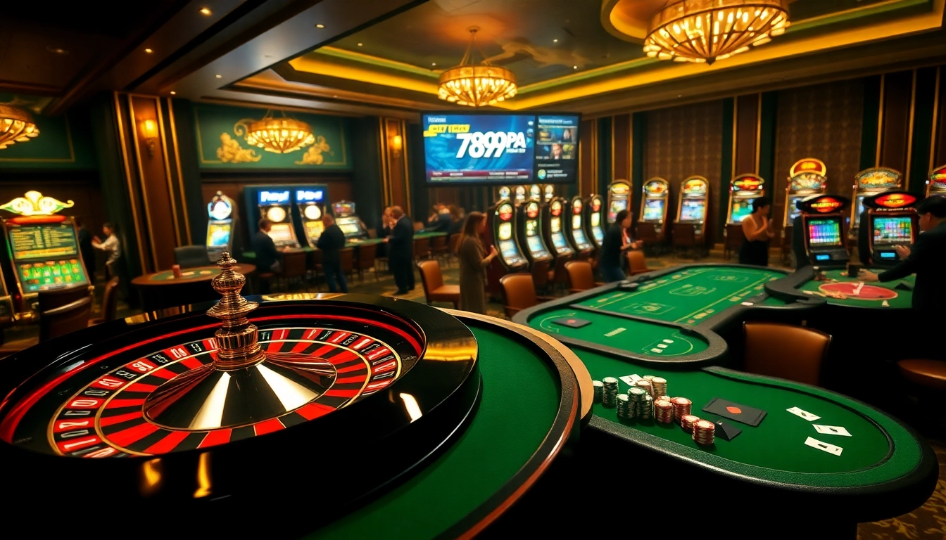 Engaging scene of players at a casino table, highlighting excitement at https://789pa.in.net/ with roulette and slot machines.