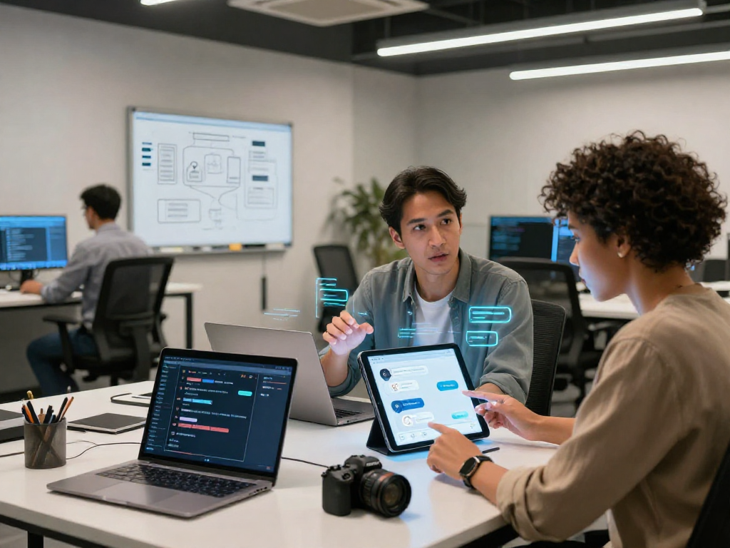 Engaged team exploring an nsfw chat bot in a modern tech workspace