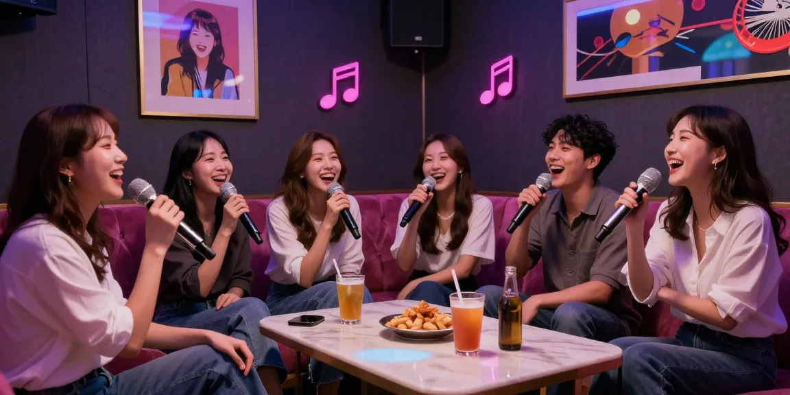 Enjoy a vibrant evening at 강남 엘리트 가라오케 with friends singing and celebrating in a cozy atmosphere.