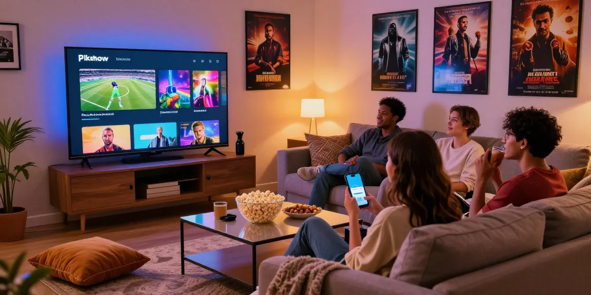 Friends streaming movies on Pikashow app during a cozy movie night.