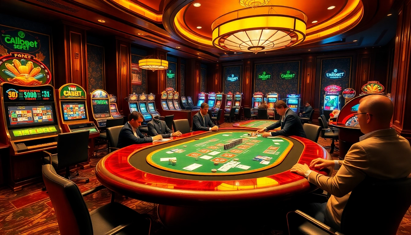 Engage in high-stakes action at thabet77.org's vibrant casino scene with colorful slot machines and poker players.