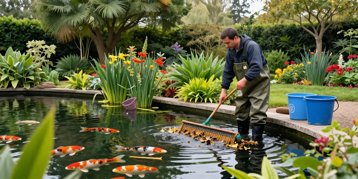 Pond Clean Essex: Professional cleaning of a serene garden pond in bright morning light
