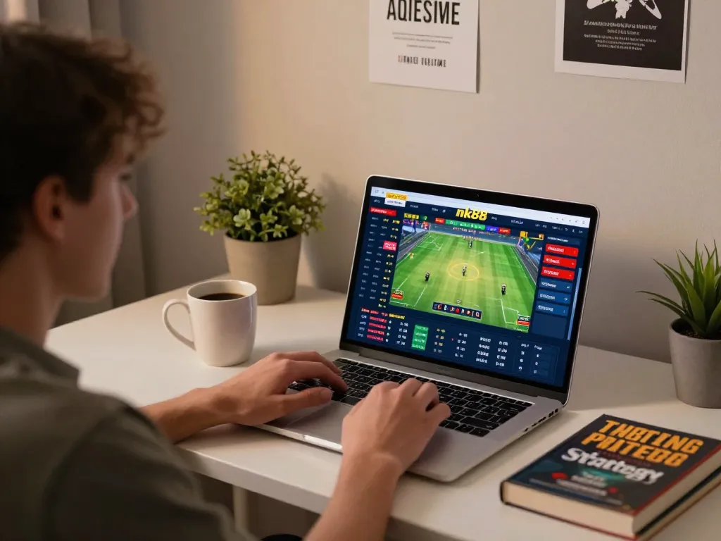 Engaging in dynamic sports betting on the nk88 platform from a cozy home setup with strategic resources.
