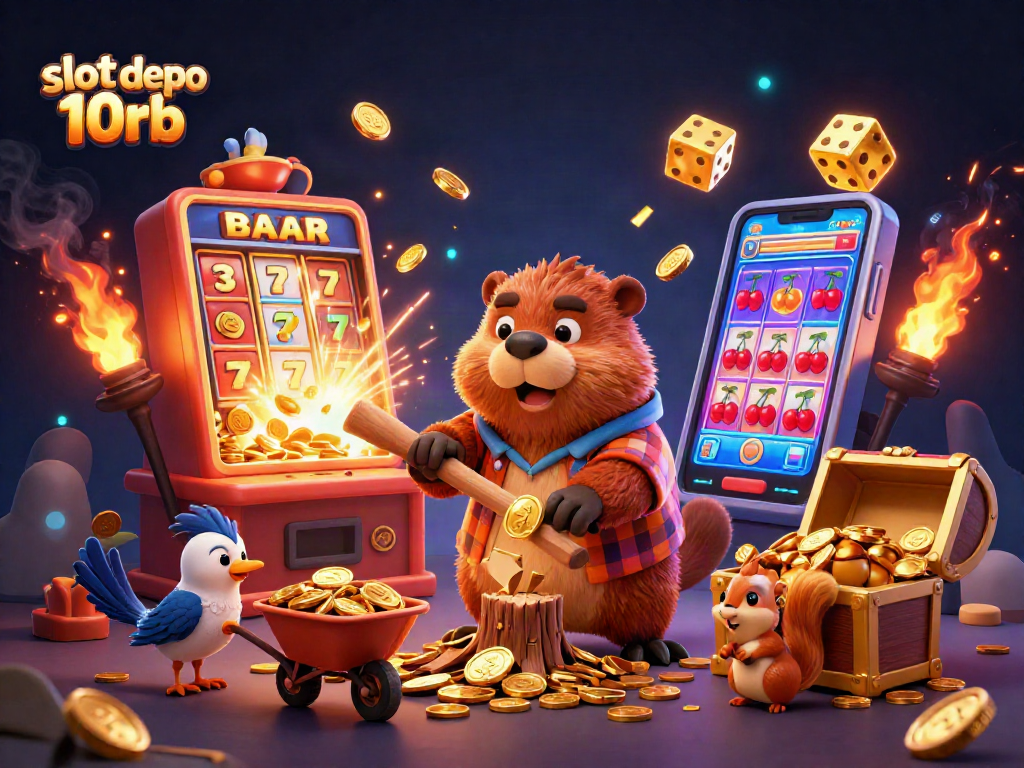 Experience thrilling wins with slot depo 10rb in this vibrant casino illustration bursting with gold and fun.