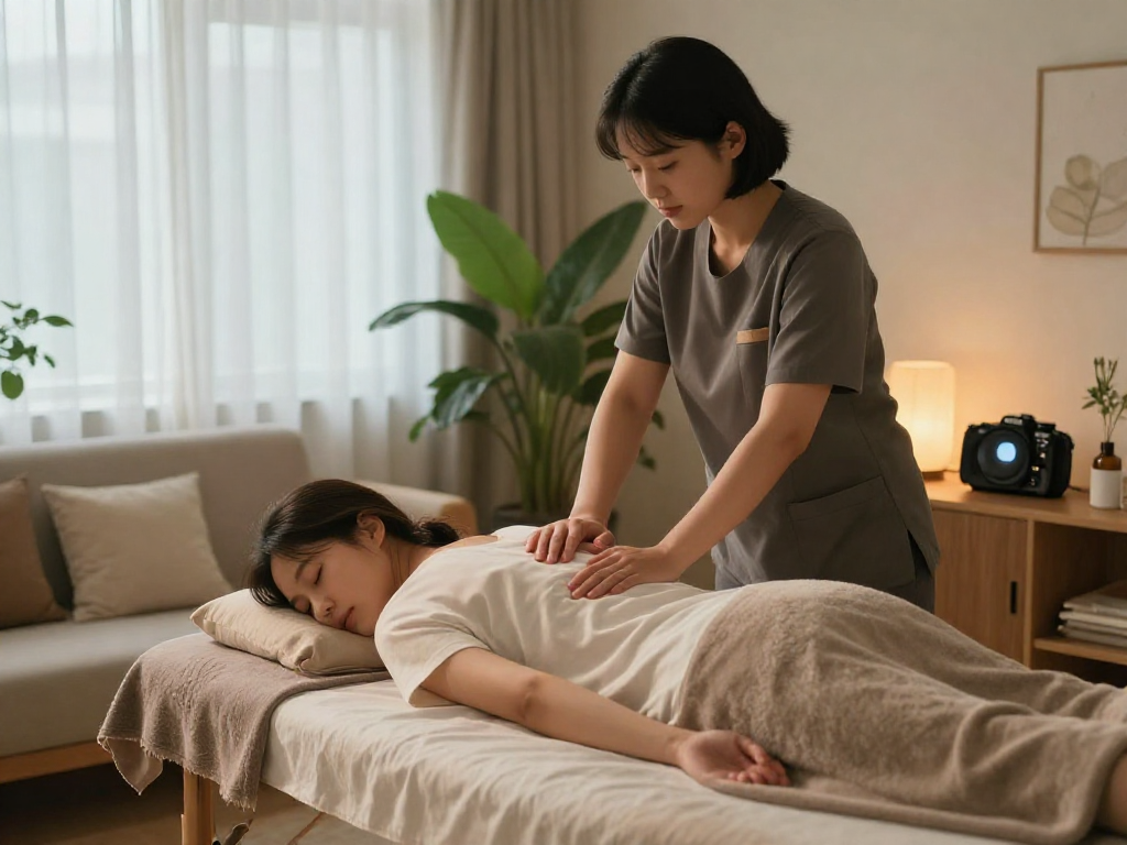 천호동출장마사지 being enjoyed in a comfortable living room setting with a professional therapist providing care.
