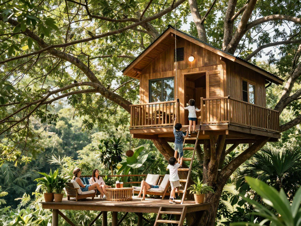 Family enjoying tree house life in a serene forest setting, children climbing rope ladder.
