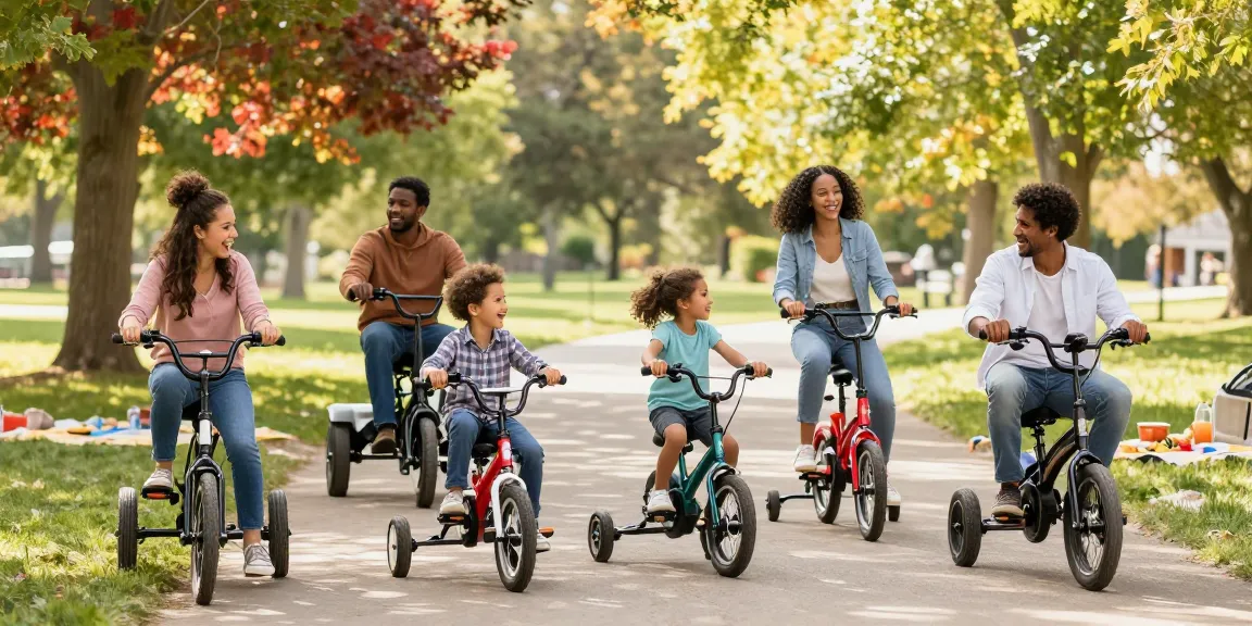 Family riding tricycles in a sunny park, enjoying togetherness and outdoor fun.