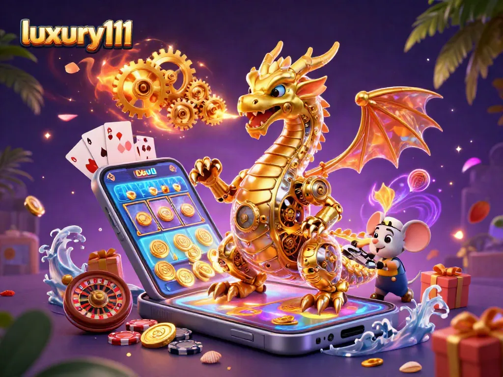 luxury111 showcases an enchanting scene with a dragon, smartphone gaming elements, and vibrant casino symbols.