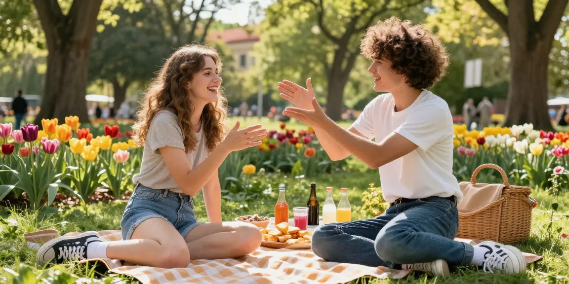 Friends sharing laughter and moments of a crush on each other in a sunny park setting.