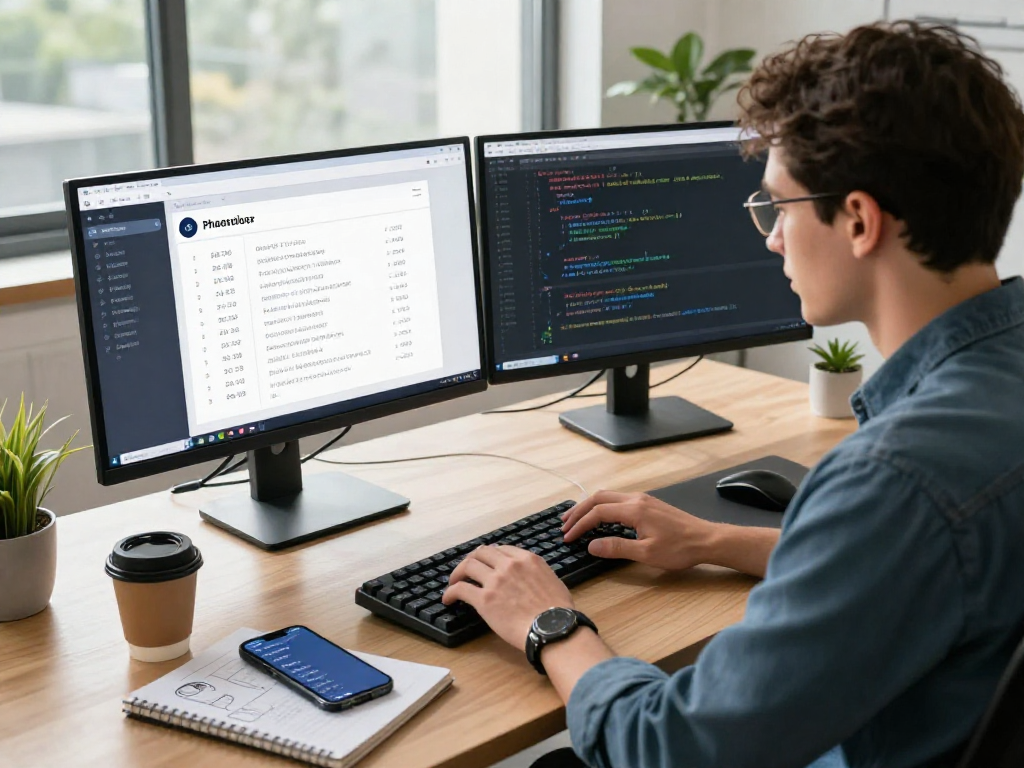 who-called-me phone number lookup tool in a modern tech workspace with a developer coding