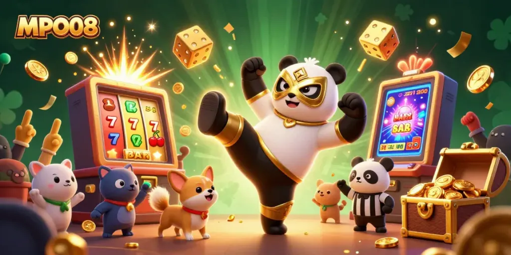 MPO08 brings excitement with a panda wrestler and joyous crowd in a vibrant casino scene.