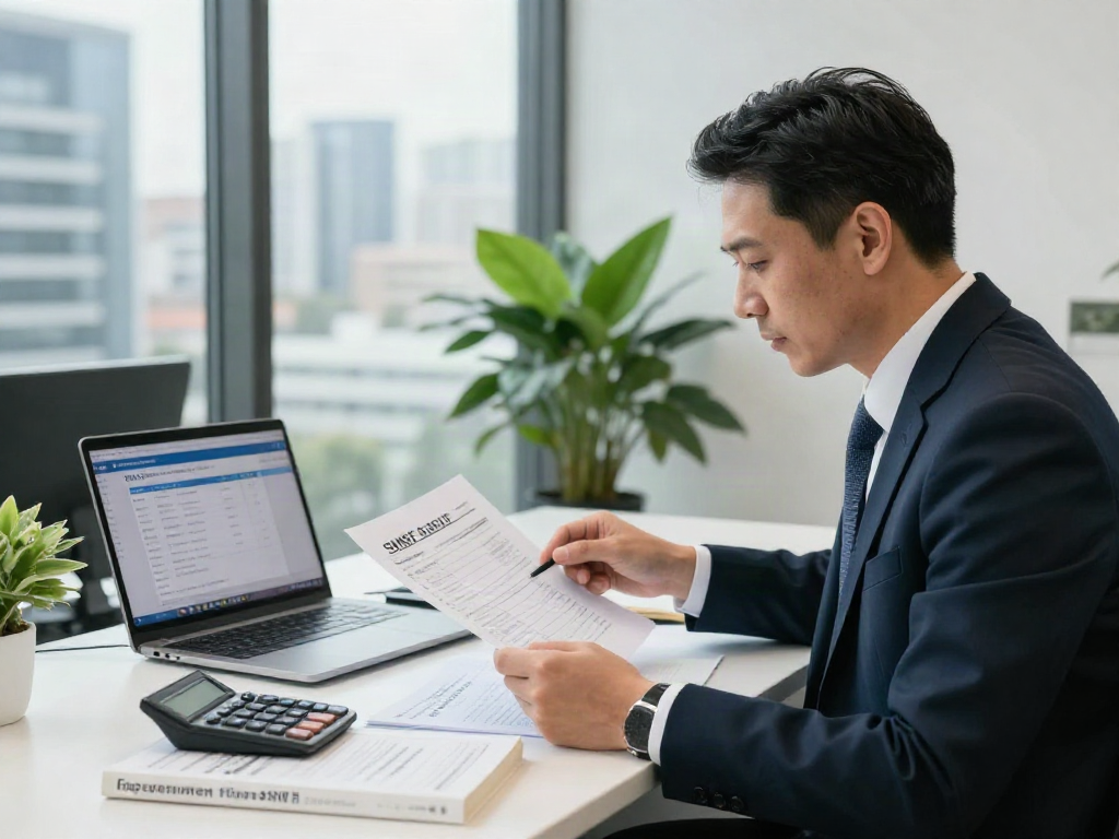 SMSF Accountant analyzing documents in a modern office environment