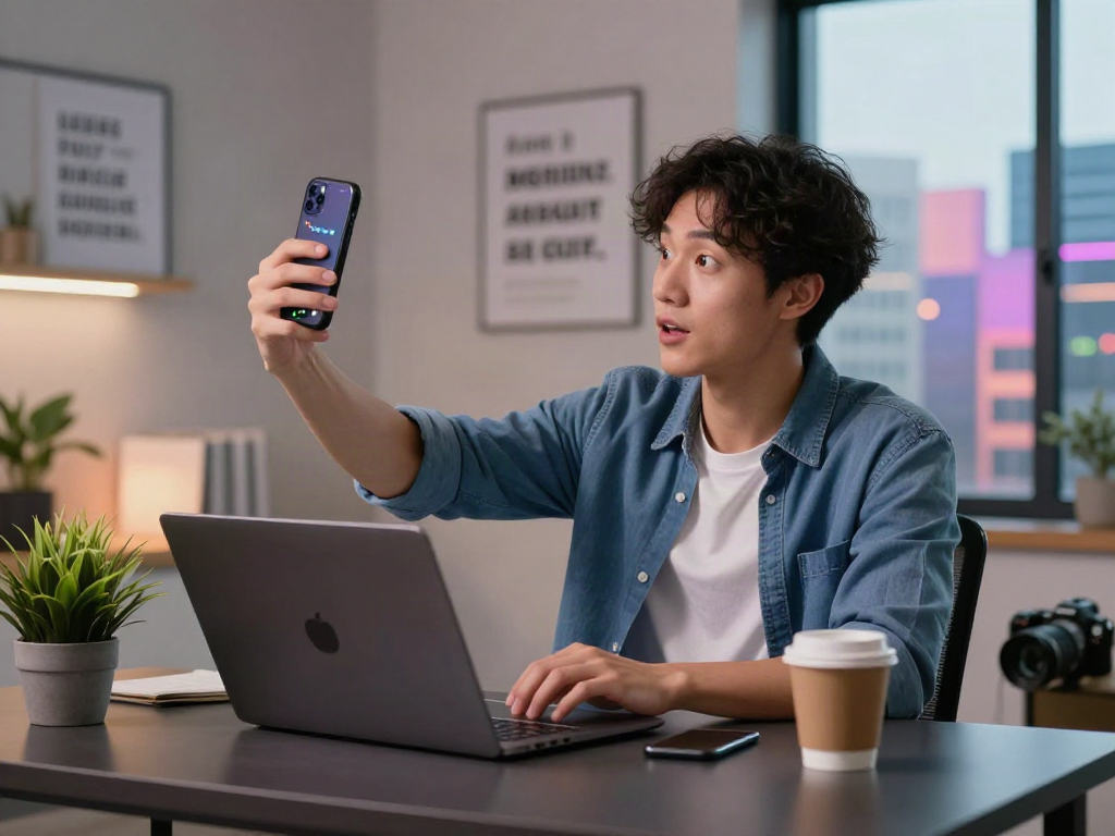 Person using a laptop to discover how old do I look via a selfie upload in a modern workspace.