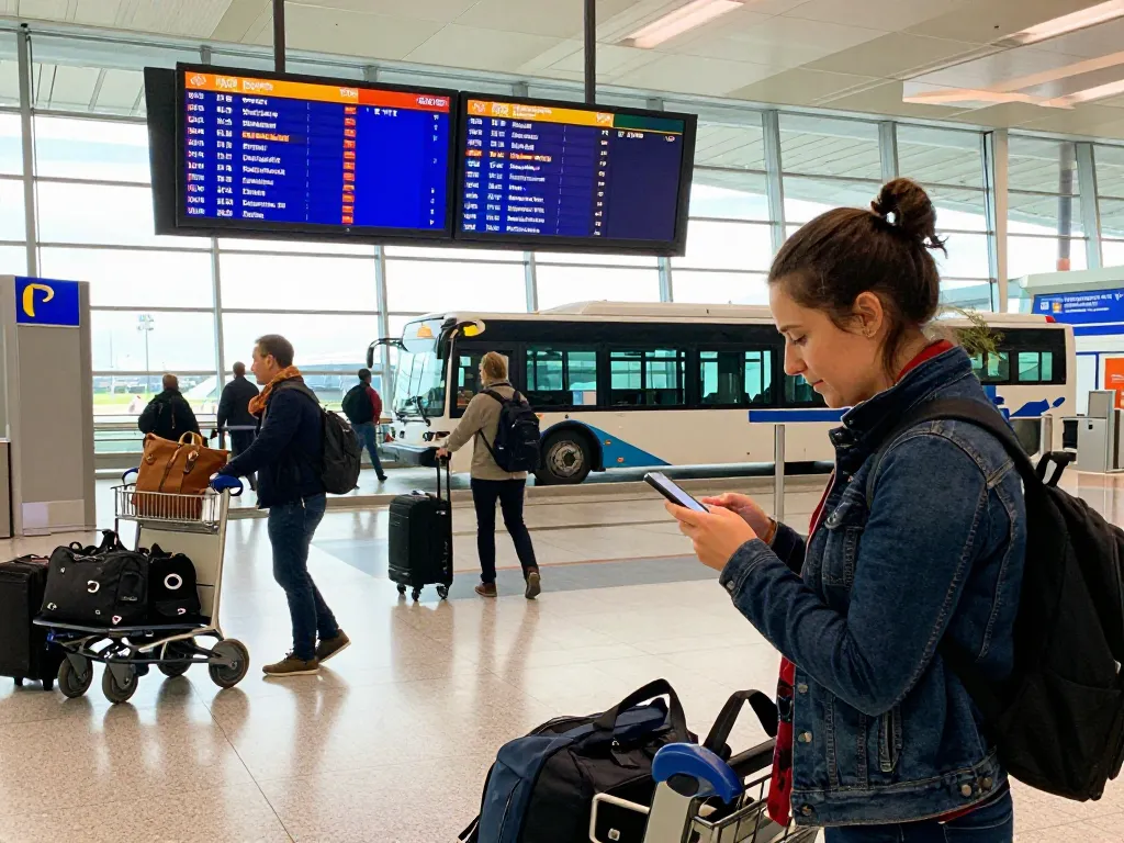 Traveling from Halifax to Manchester Airport, a passenger checks flight information amid a busy airport setting.