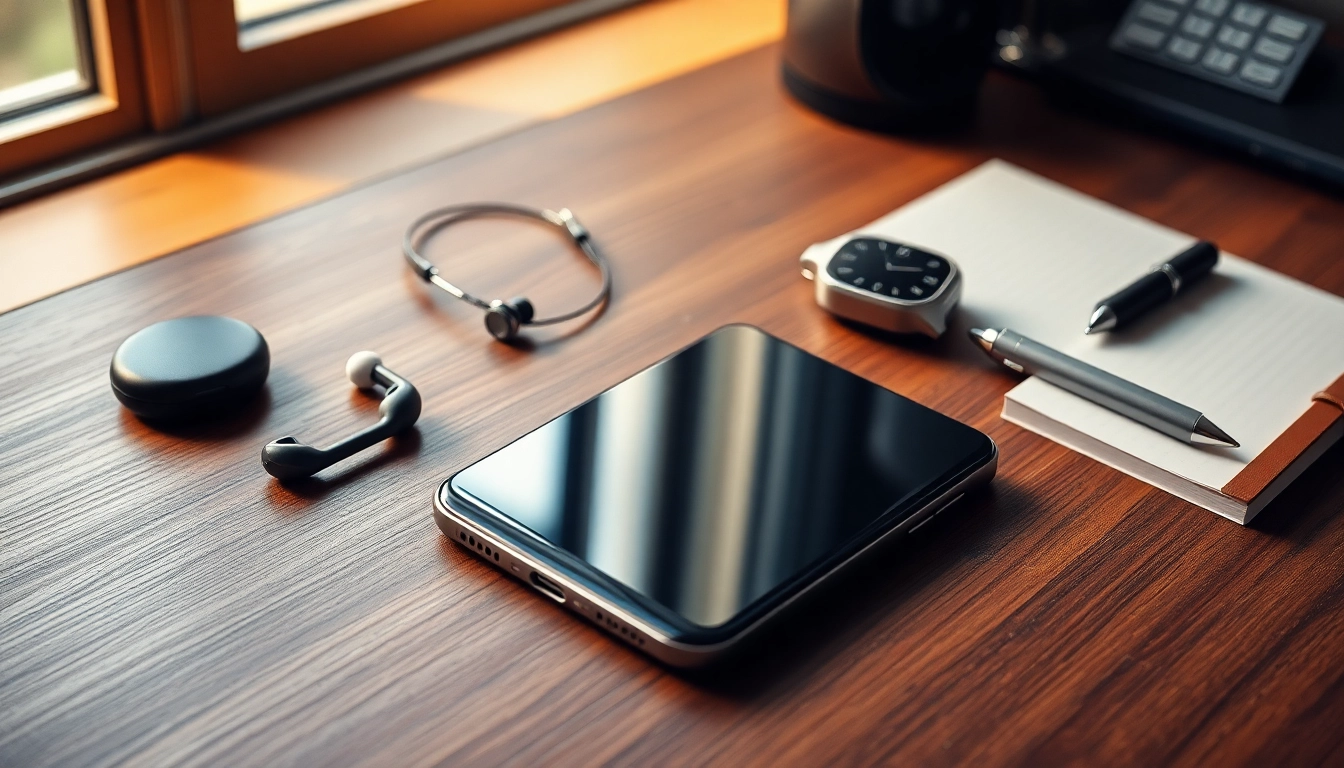 Samsung Galaxy S8 smartphone showcased with tech accessories on a wooden desk.