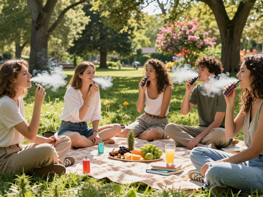 Packman vape device being enjoyed in a natural setting among friends, highlighting wellness and relaxation.