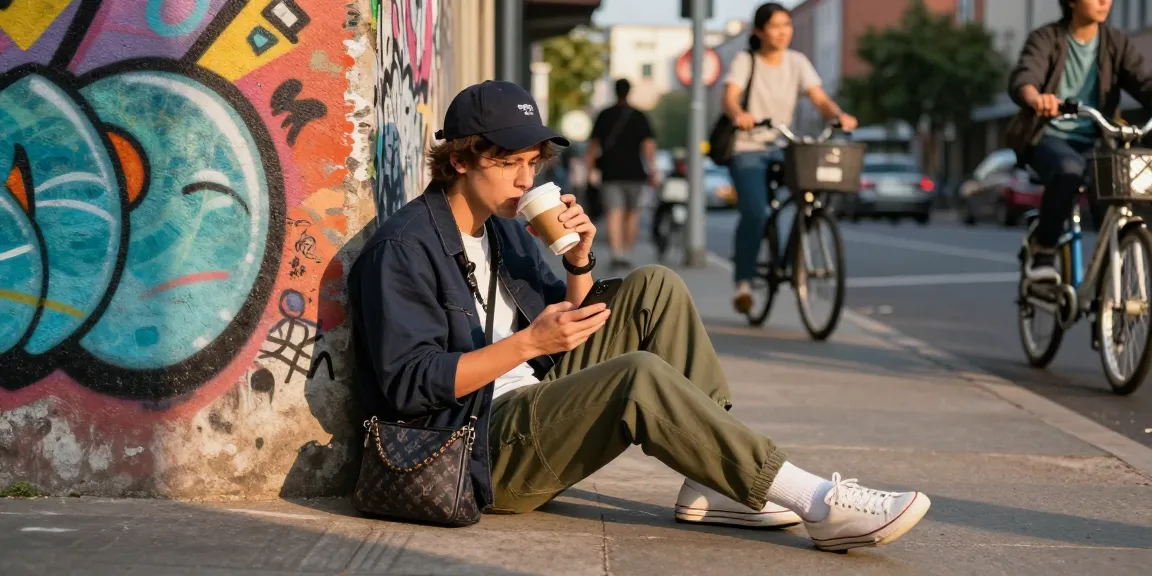 Trendy young adult in streetwear with 레플리카 accessory enjoying urban lifestyle.