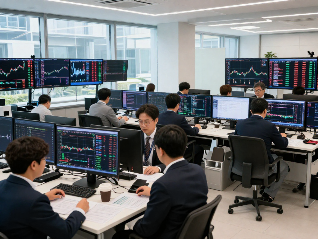 Investors analyzing KOSPI stock market trends on trading floor