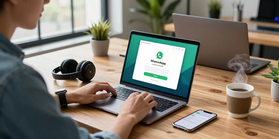 Engaged user downloading WhatsApp下載 on a laptop in a modern tech workspace.