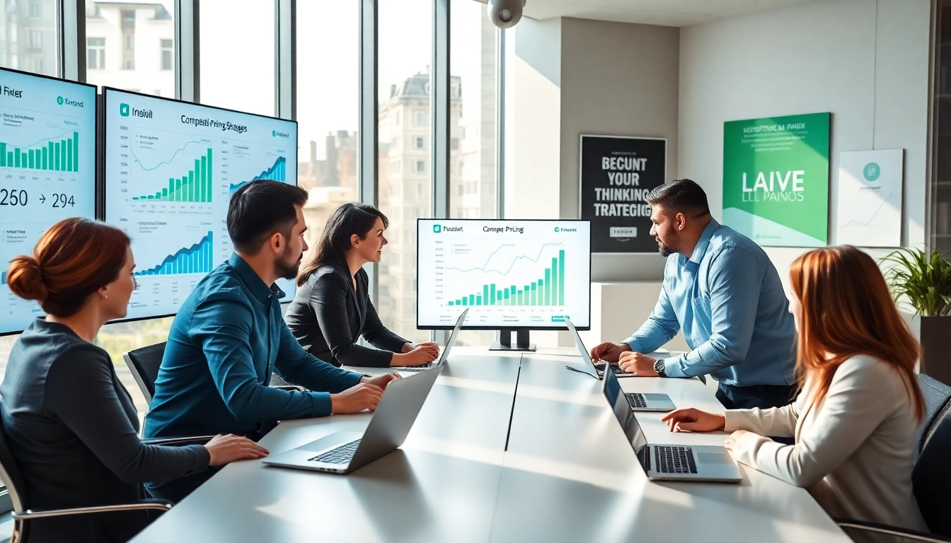 Analyze competitor pricing strategies with a diverse team in a professional office setting.
