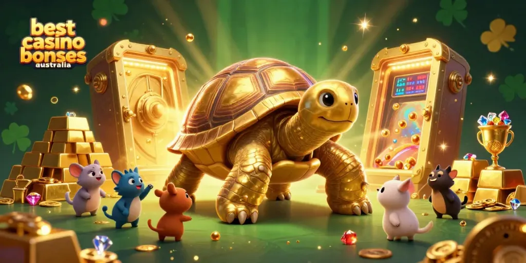 Experience the magic of the best casino bonuses Australia with a vibrant 3D cartoon scene featuring a golden tortoise and treasure.
