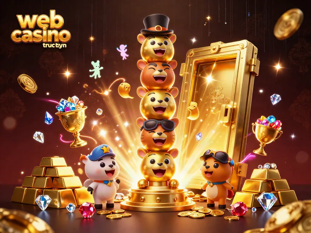 Chơi game tại web casino trực tuyến với các biểu tượng sòng bạc và kho báu vàng lấp lánh.