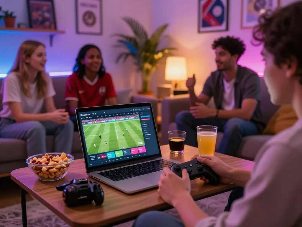 Cakhia tv streaming interface displayed on laptop with friends enjoying a live soccer match atmosphere.