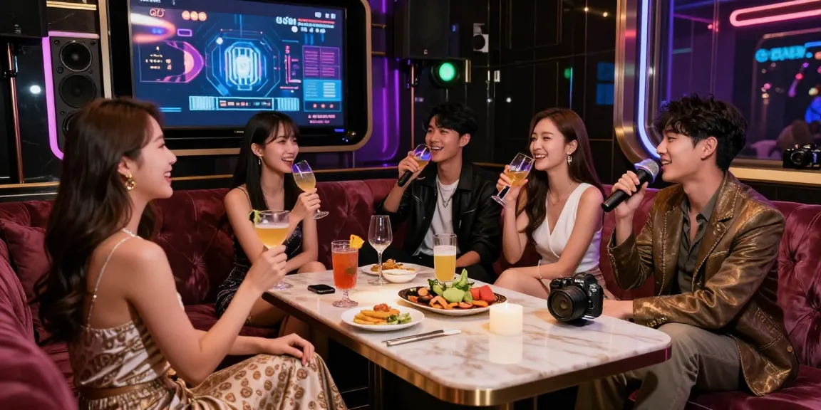 강남구구단의 고급스러운 가라오케룸에서 친구들이 즐거운 시간을 보내고 있는 모습