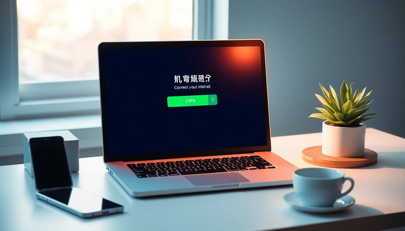 在现代工作空间的笔记本电脑上显示的快连 VPN 界面，突出其用户友好的连接性。