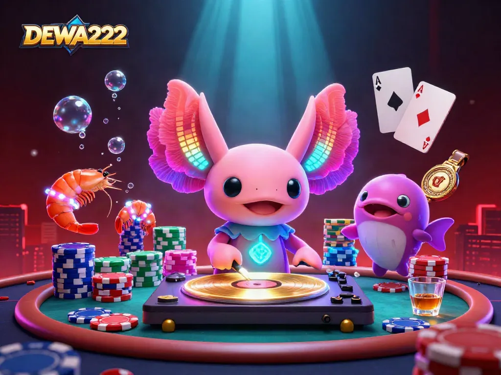 Experience gaming thrills with DEWA222 at a vibrant poker scene featuring colorful characters and dynamic elements.