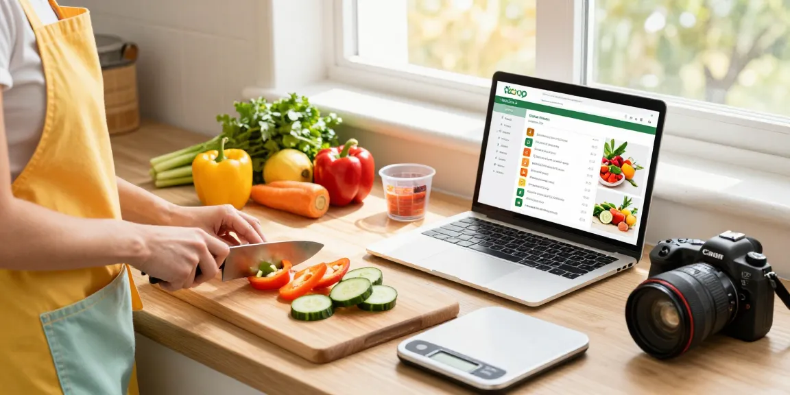 Healthy meal prep scene featuring the best food tracking app on a laptop among fresh vegetables and fruits.