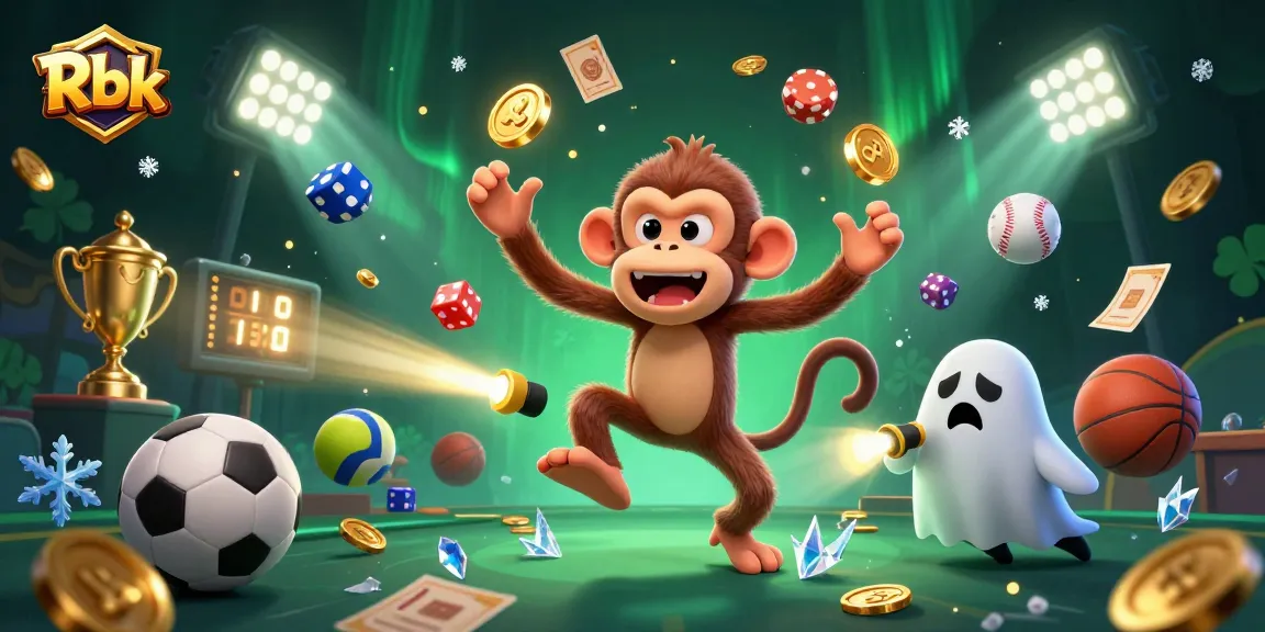 Rbk showcases a thrilling casino scene with a poltergeist monkey juggling gold in a haunted setting.