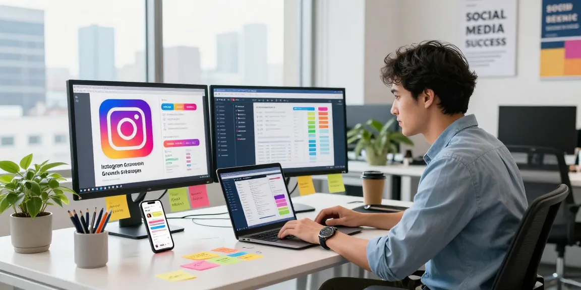 Digital marketer strategizing to purchase Instagram followers in a modern office setup.