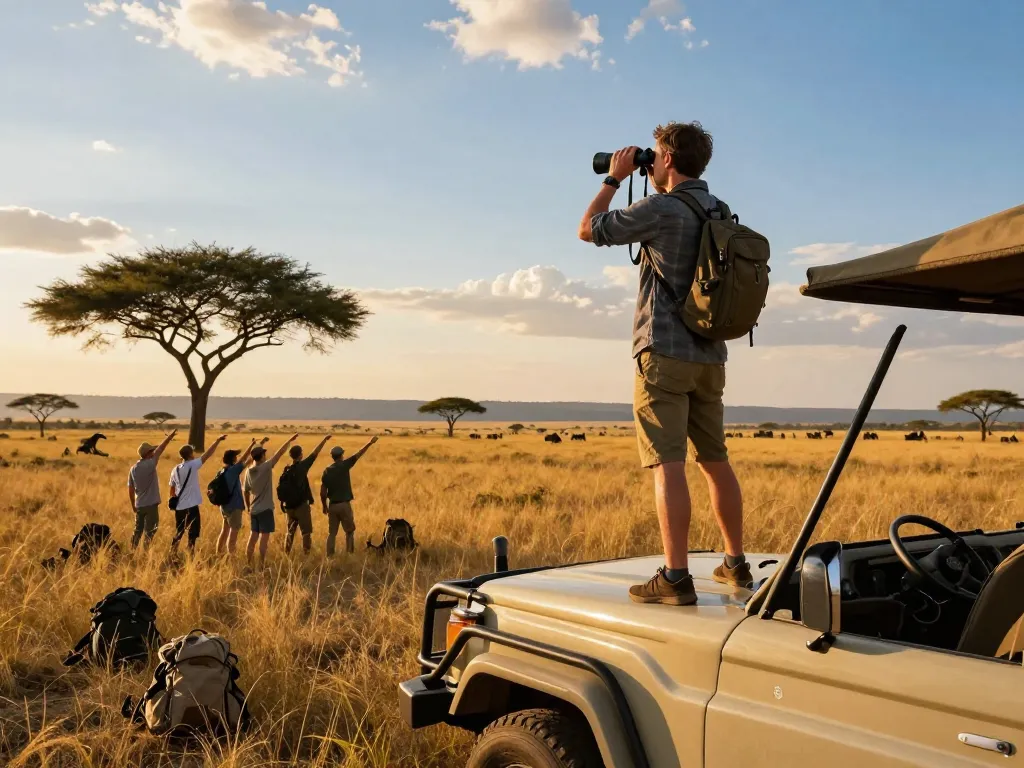 Tanzania safari tours showcasing travelers on a thrilling adventure in the Serengeti, enjoying wildlife views during sunset.