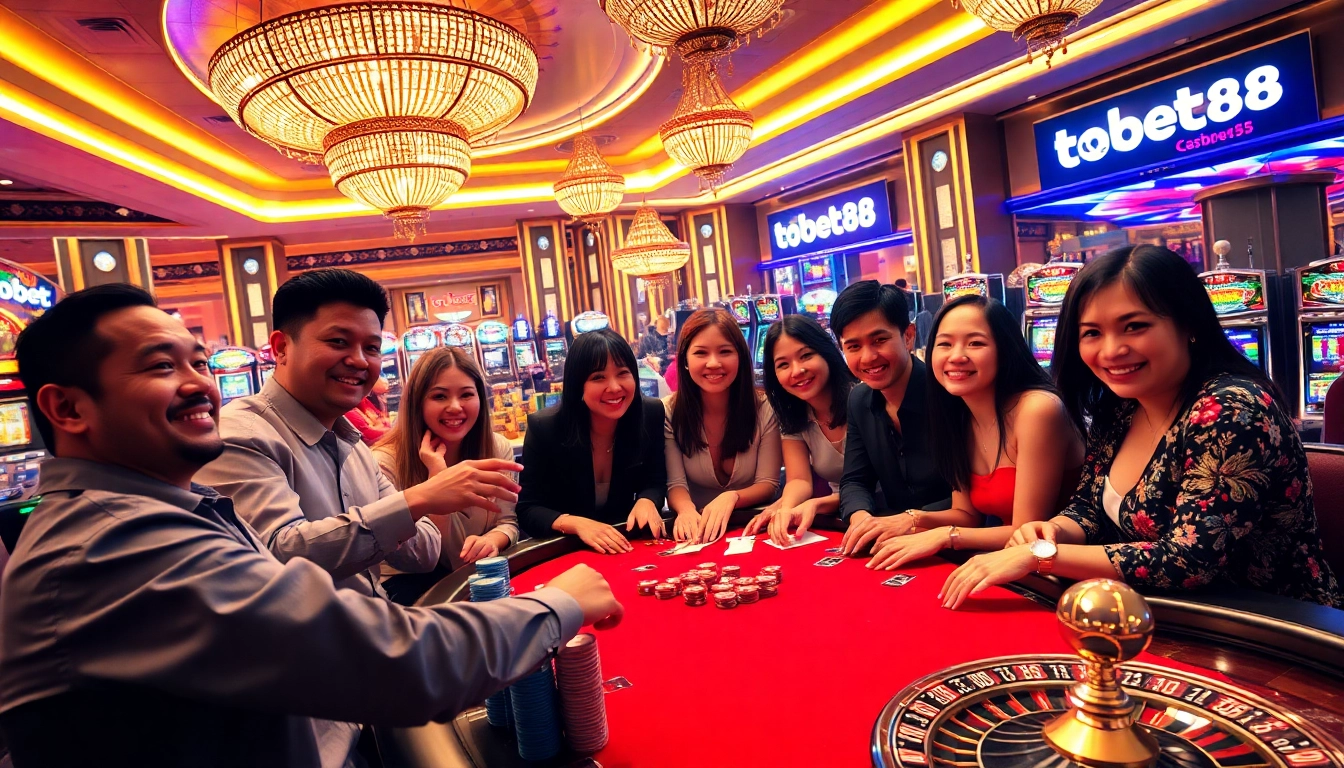 Engaged gamblers celebrating wins at Tobet88's luxurious casino.