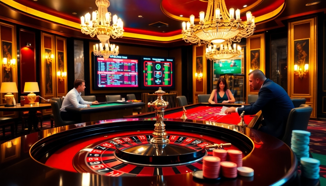 Players enjoying a high-stakes poker game at a luxurious casino that features https://s8ok.com/ betting options.