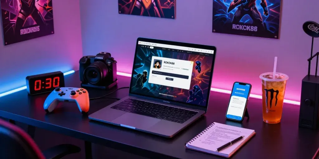 Person engaging with the ROKOK88 login platform at a stylish gaming desk with vibrant accessories.
