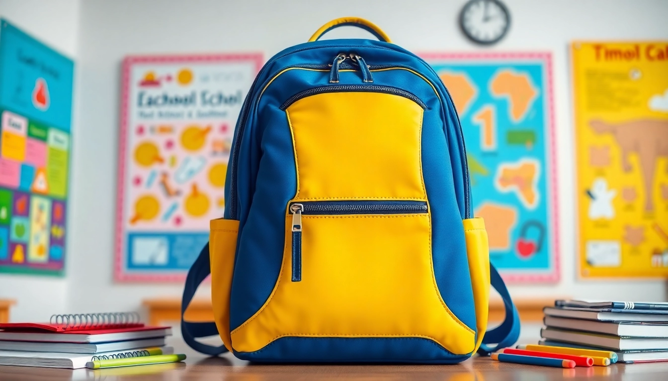 Handtasche für Schulen in einem bunten Klassenzimmer mit Schulmaterialien.