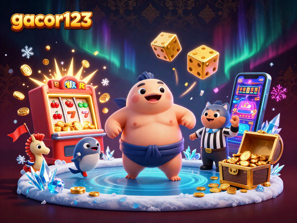 Enjoy thrilling wins with gacor123 at a vibrant 3D casino scene adorned with festive elements.