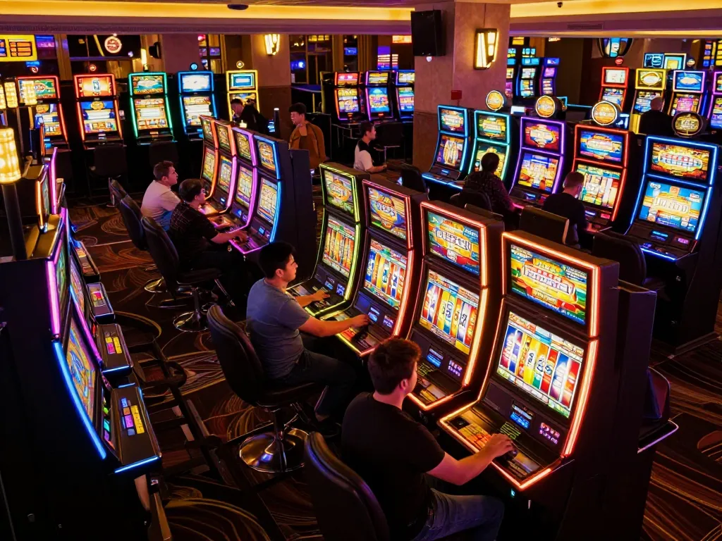 Players engaging in slot bet 200 at colorful machines in a vibrant casino