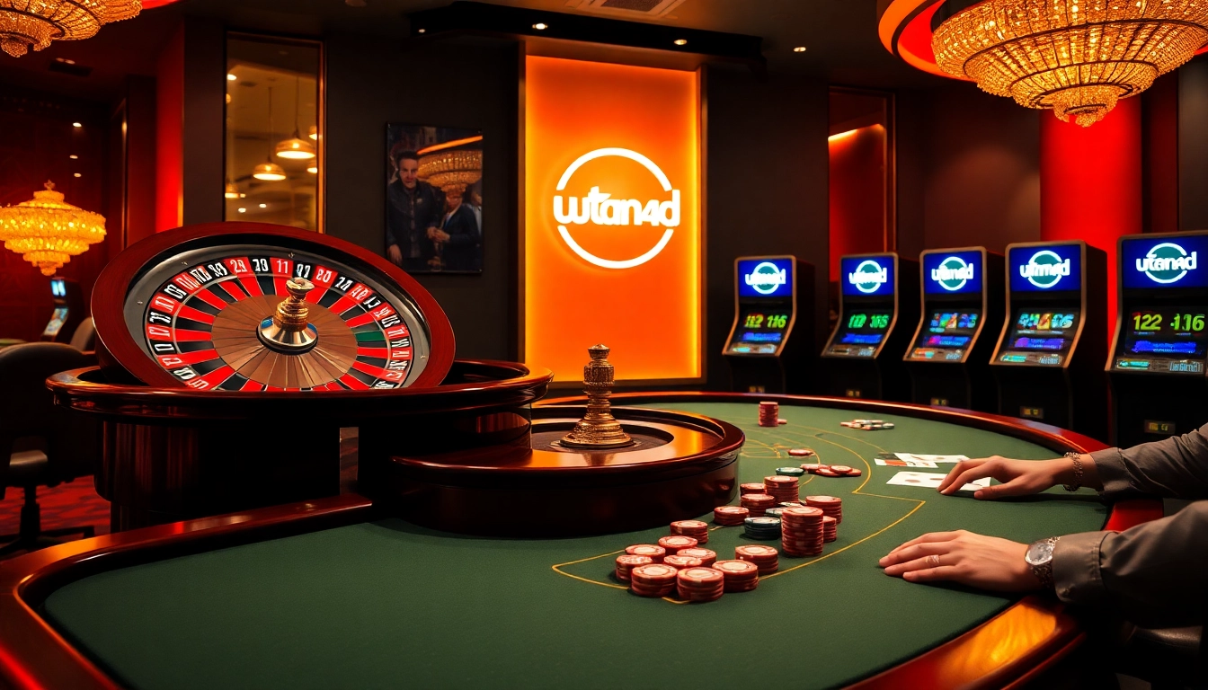 Adegan kasino yang hidup dengan pemain yang menikmati poker dan roulette di meja Utama4D, mencerminkan kegembiraan dan kemewahan.