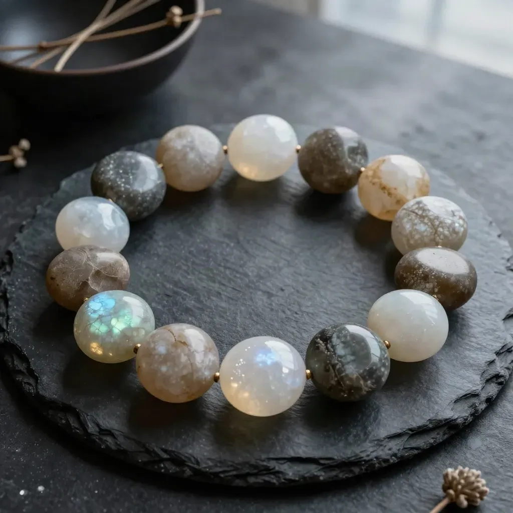 Zodiac stones ringed around a dark bowl on a moonlit slate table with mist and dried stems.