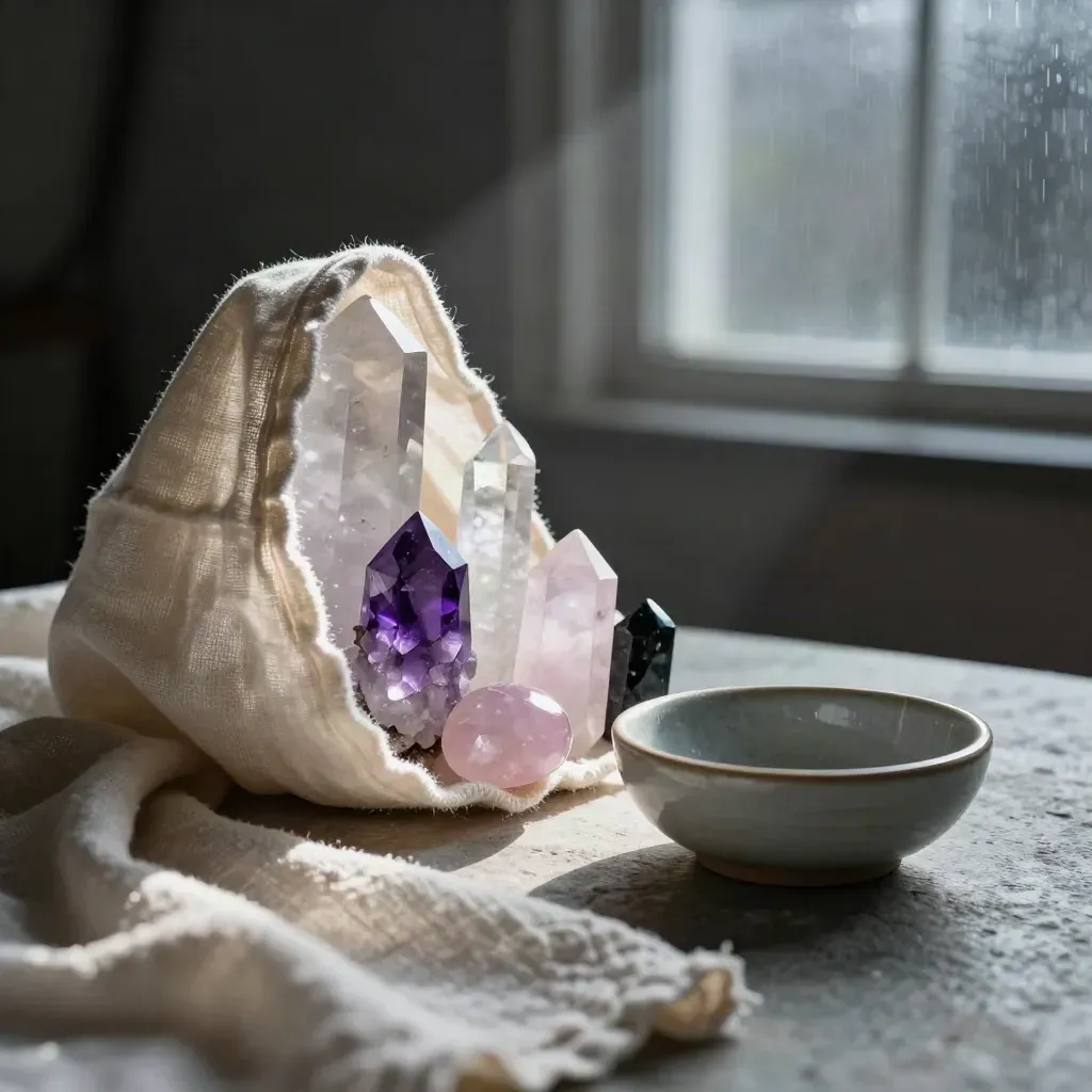 Crystal starter kit with quartz, amethyst, rose quartz, selenite and tourmaline on linen