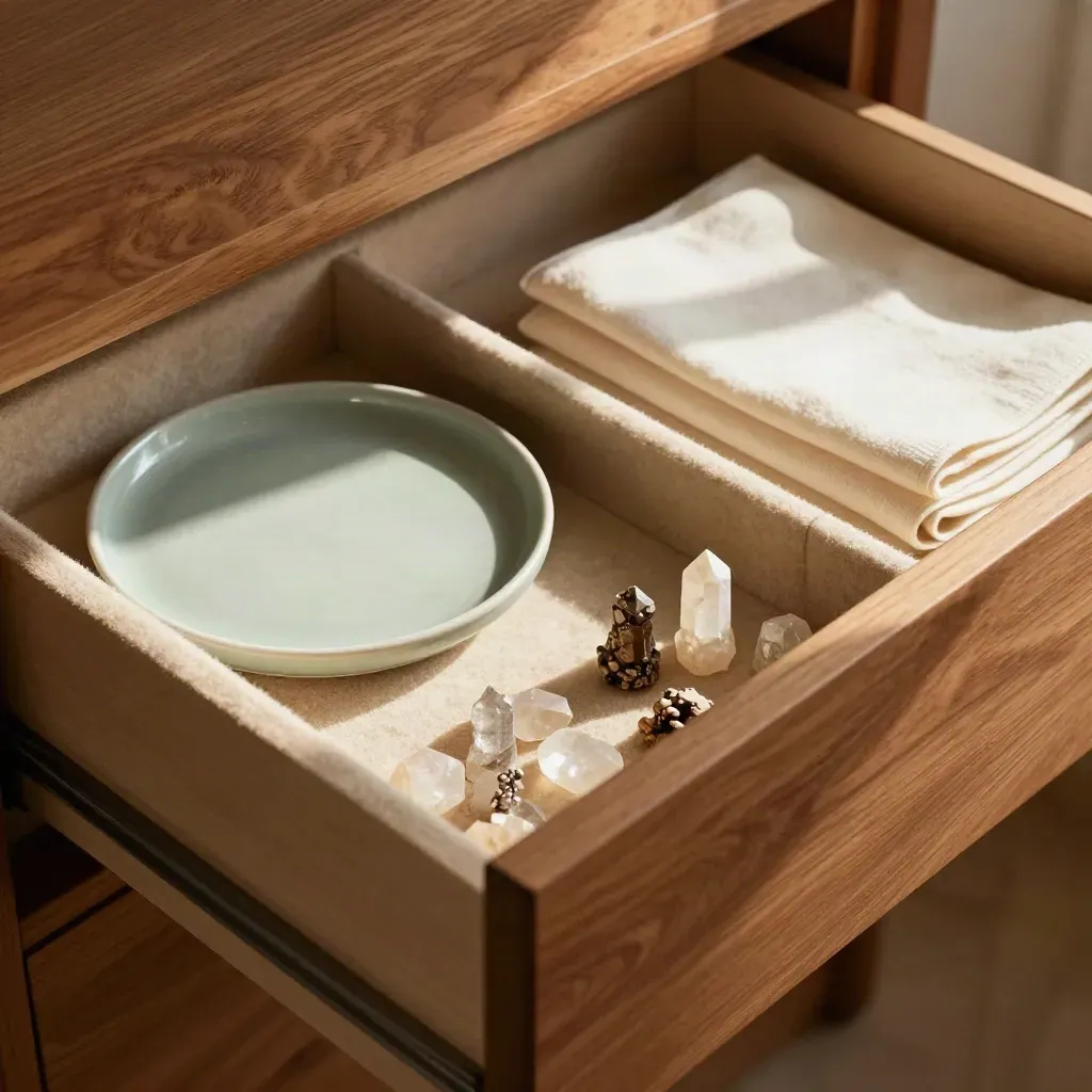 Open crystal storage drawer with tumbled stones, ceramic tray, cotton divider, in warm light