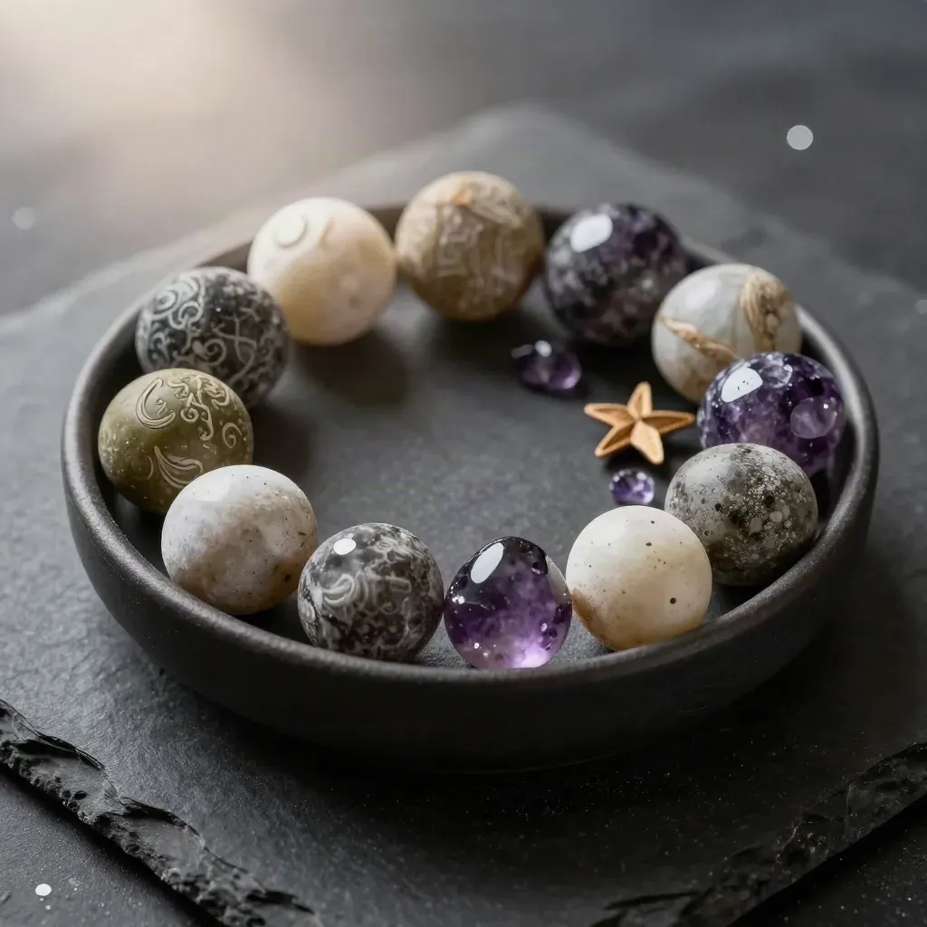 Overhead zodiac stones circling a dark bowl with seed-pod stars in cool haze