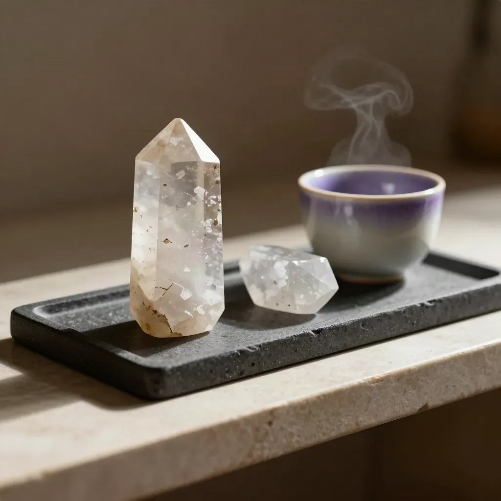 Raw and polished quartz comparison on a graphite tray beside a ceramic cup.